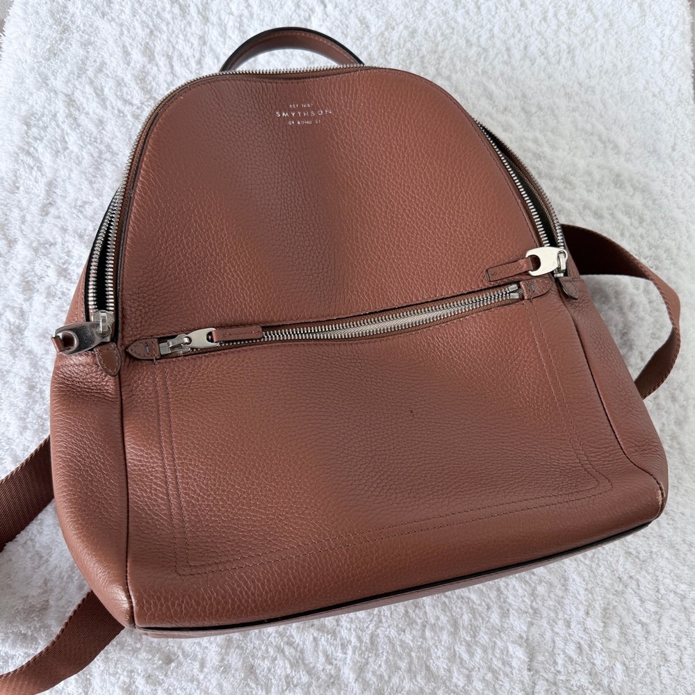 Smythson Brown Leather Backpack with Silver Accents